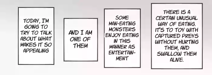 A giant fox girl swallows humans whole while reviewing food in a vore manga